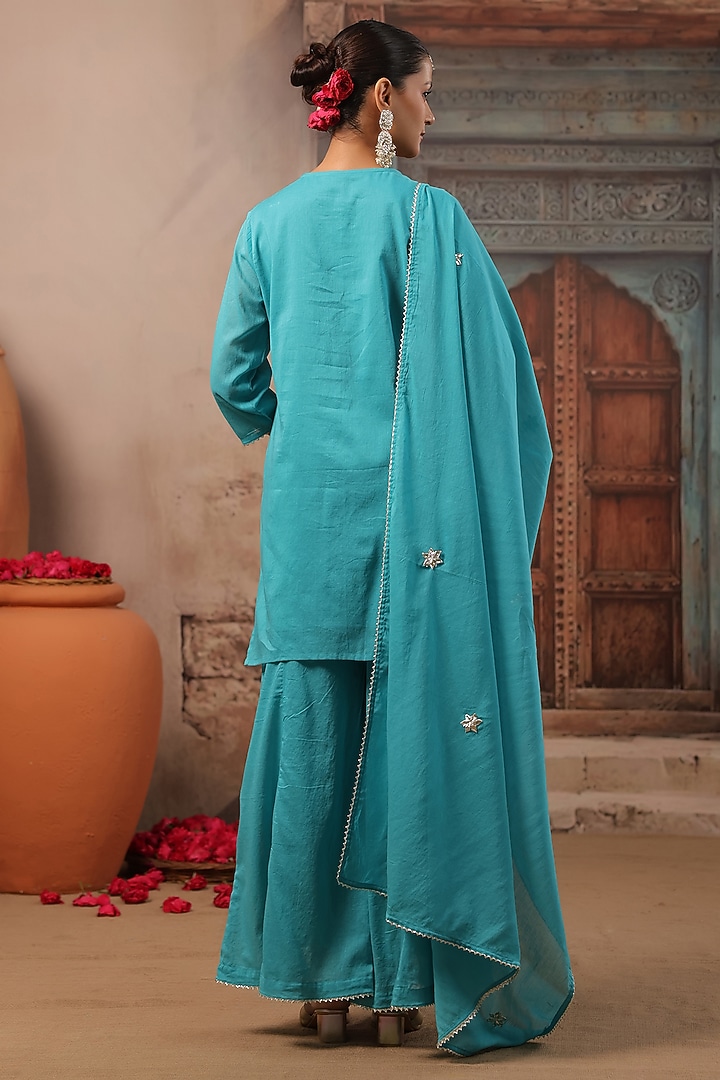 Turquoise Cotton Mulmul Gota Work Kurta Set by Scakhi Luxe at Pernia's Pop Up Shop