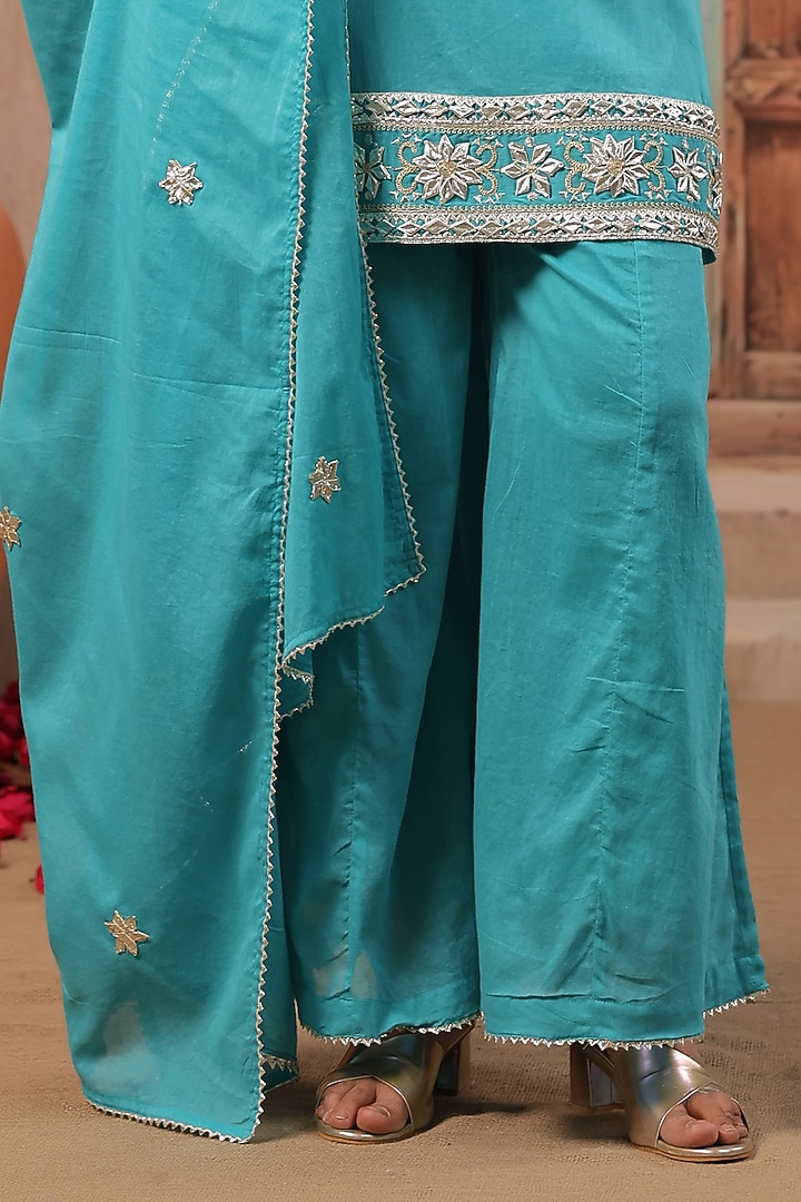 Turquoise Cotton Mulmul Gota Work Kurta Set by Scakhi Luxe at Pernia's Pop Up Shop