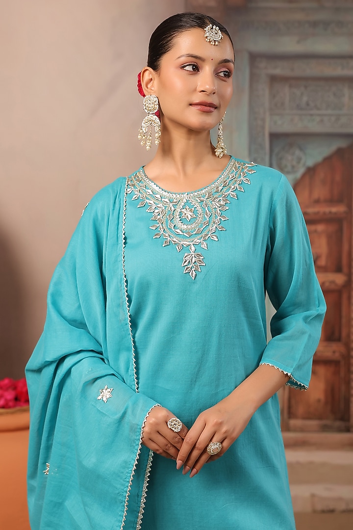 Turquoise Cotton Mulmul Gota Work Kurta Set by Scakhi Luxe at Pernia's Pop Up Shop