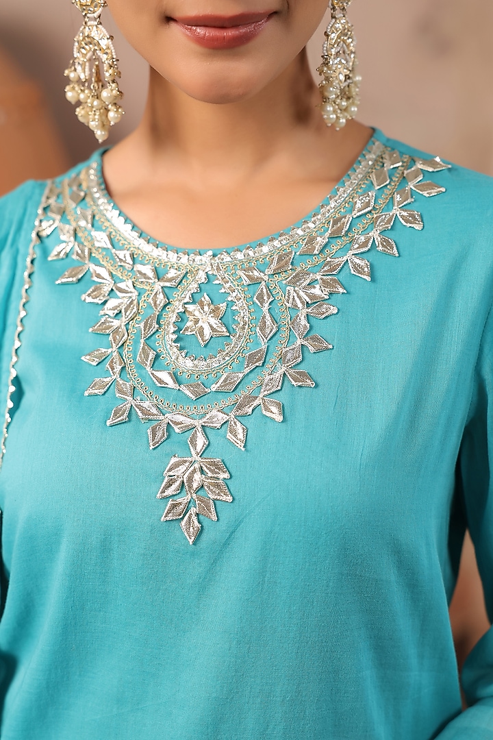 Turquoise Cotton Mulmul Gota Work Kurta Set by Scakhi Luxe at Pernia's Pop Up Shop