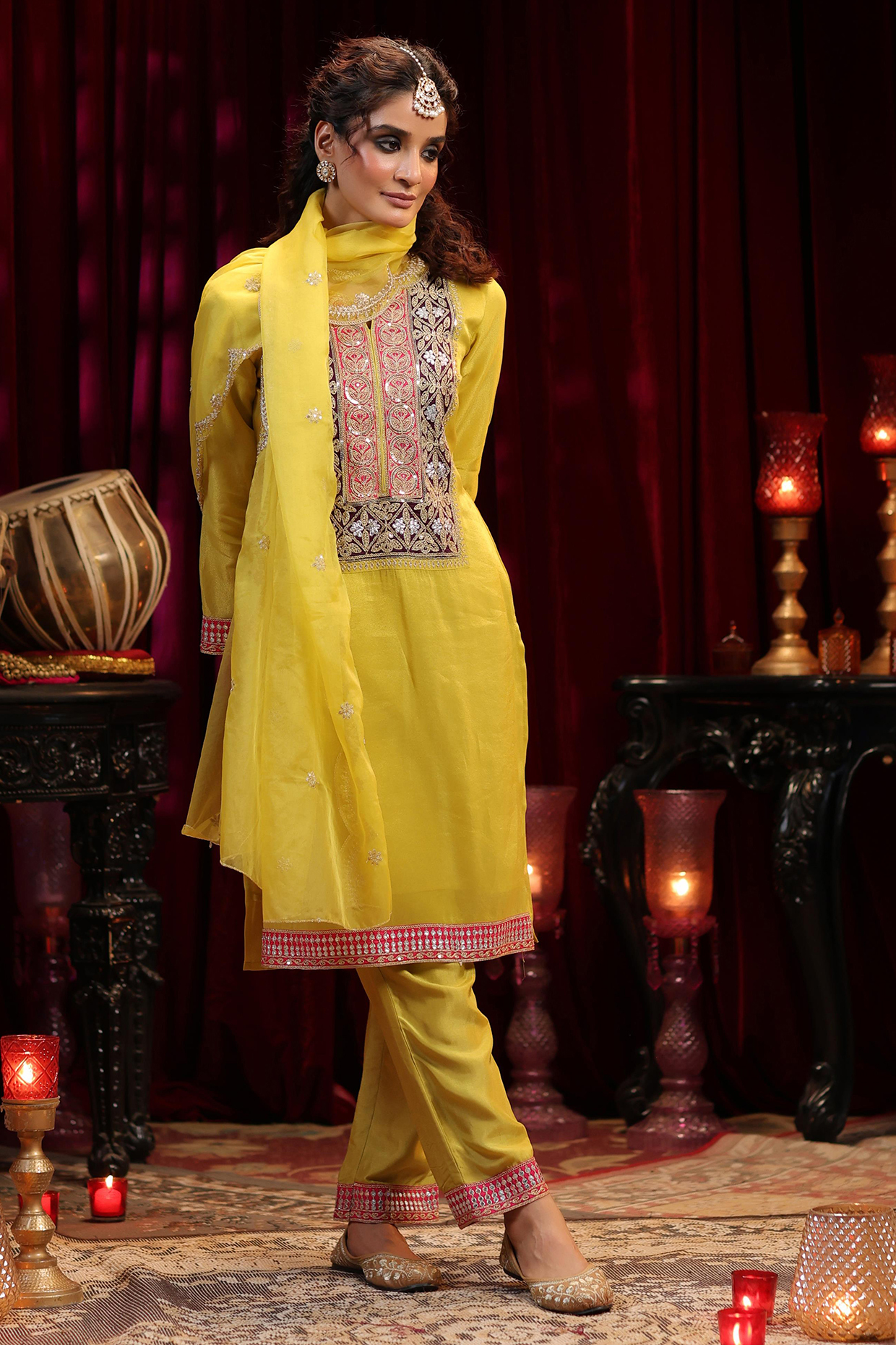 Lime Green Shimmer Organza Sequins Embroidered Kurta Set by Scakhi Luxe at Pernia's Pop Up Shop