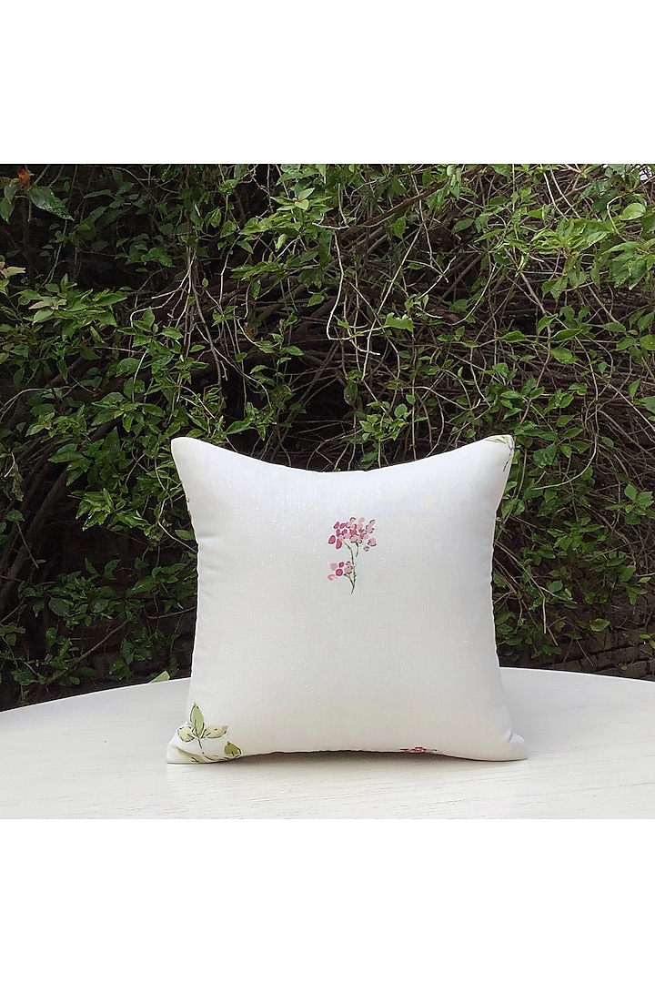 White Linen Blend Floral Cushion Cover by Studio Covers