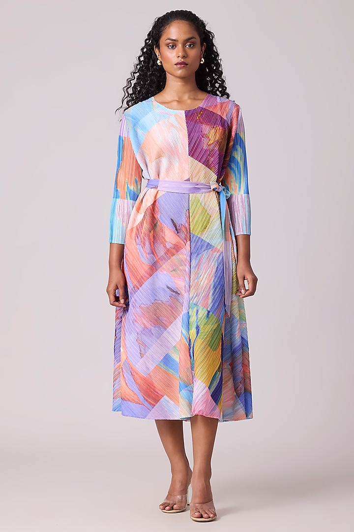 Blue Polyester Abstract Printed Dress by Scarlet Sage