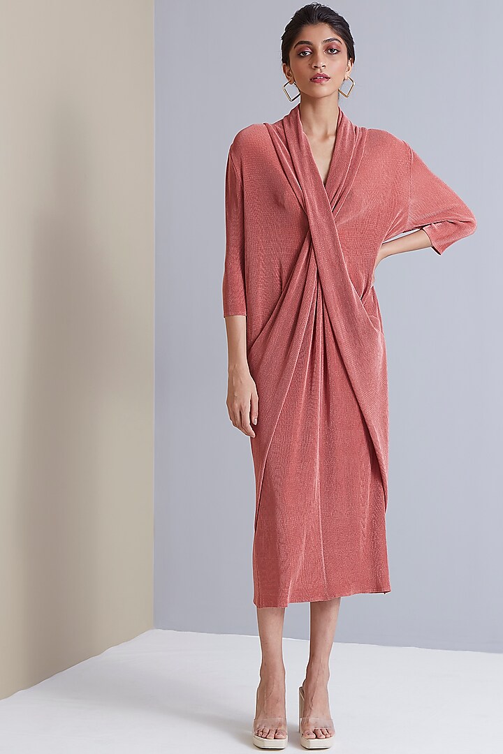 Brink Pink Polyester Midi Dress by Scarlet Sage