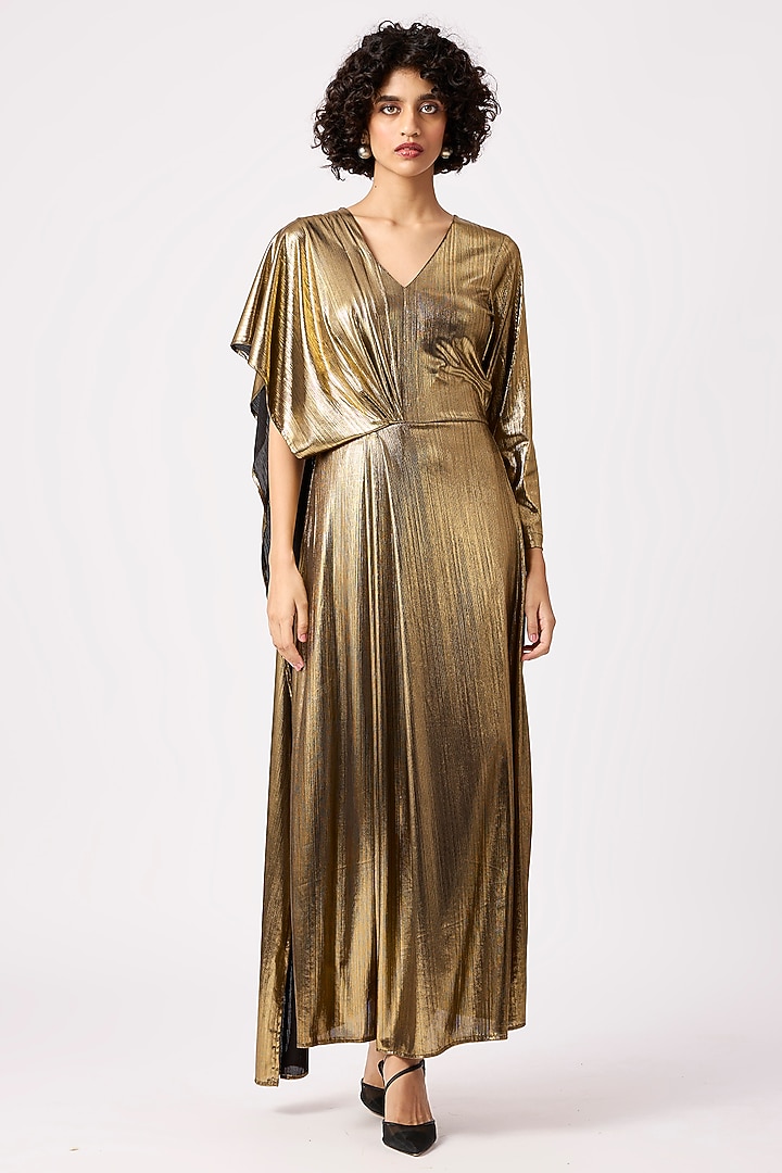 Dark Gold Polyester Asymmetric Metallic Summer Dress by Scarlet Sage at Pernia's Pop Up Shop