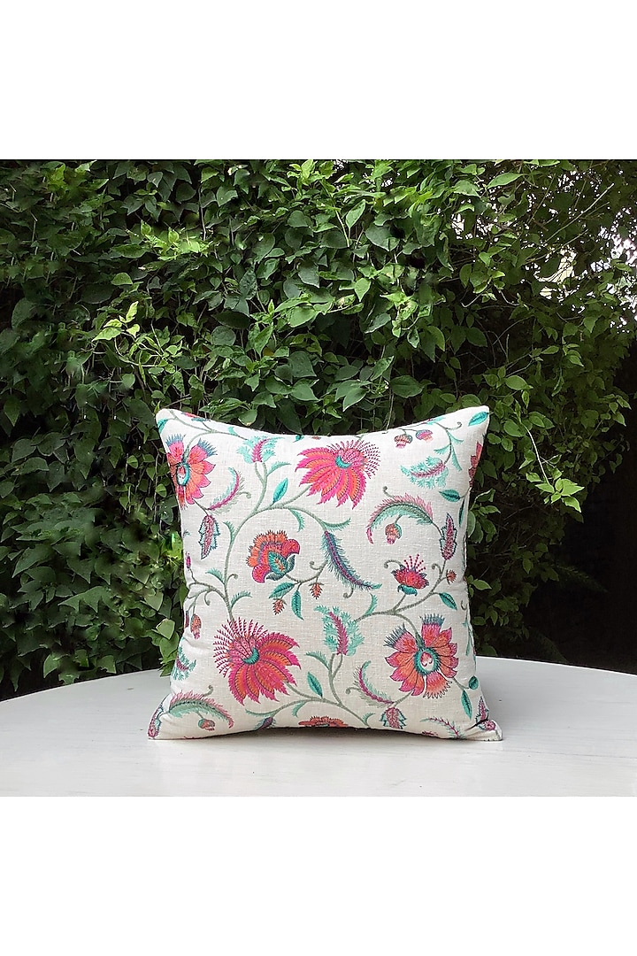 Beige Floral Embroidered Cushion Cover by Studio Covers