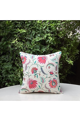Beige Floral Embroidered Cushion Cover by Studio Covers