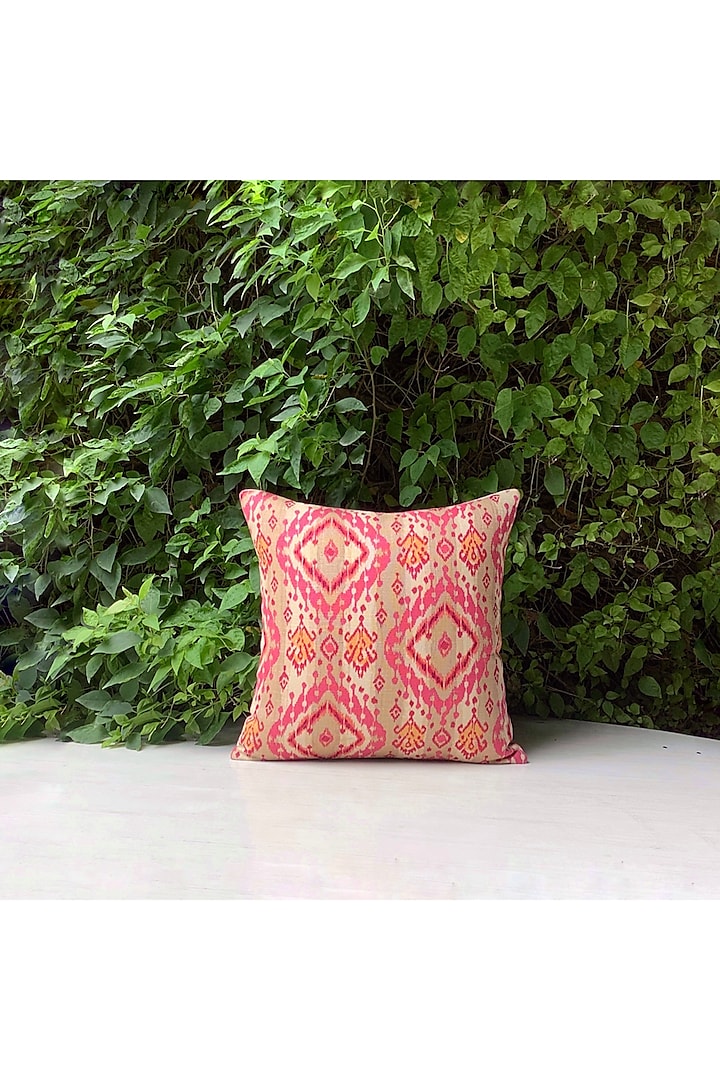 White & Pink Cotton Blend Geometric Printed Cushion Cover by Studio Covers
