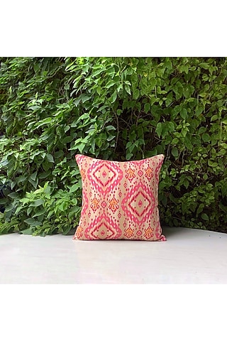 White & Pink Cotton Blend Geometric Printed Cushion Cover by Studio Covers