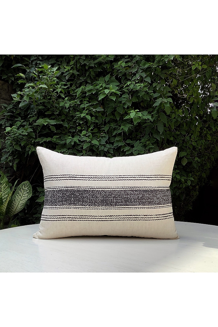 Ecru & Black Cotton Striped Cushion Cover by Studio Covers