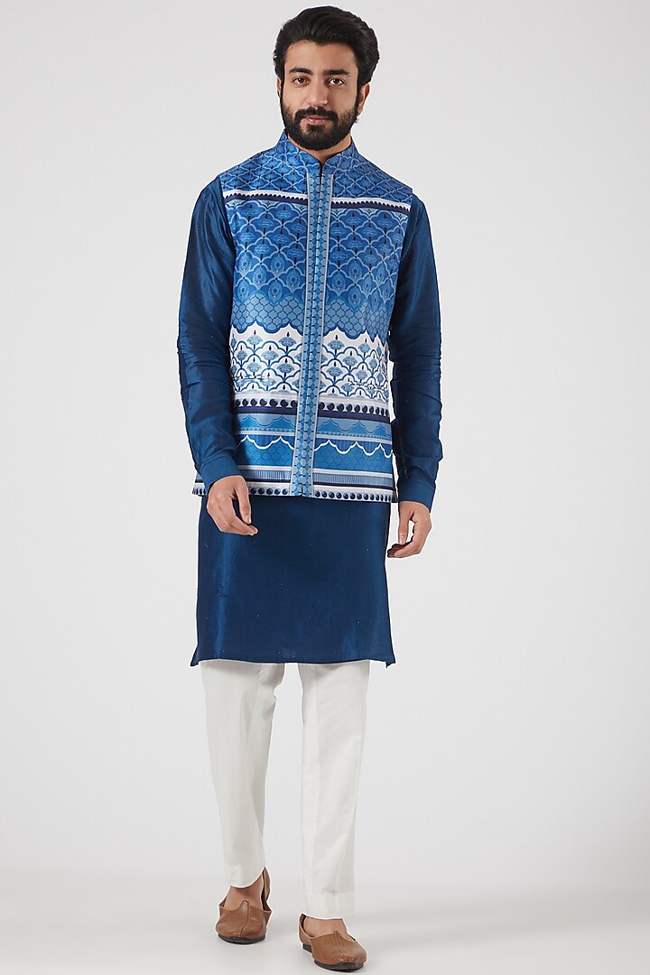 Cobalt Blue Printed Bundi Jacket by Siddhartha Bansal Men