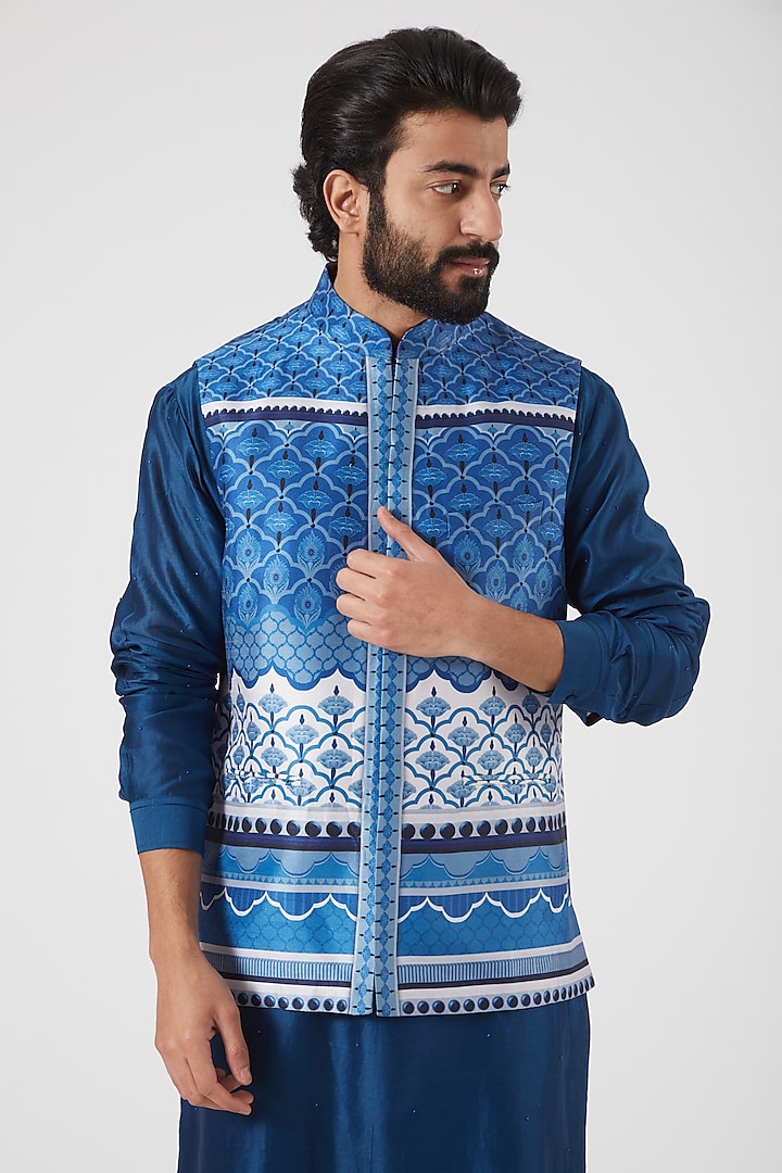 Cobalt Blue Printed Bundi Jacket by Siddhartha Bansal Men