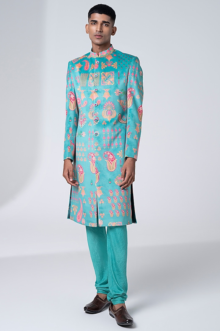 Sea Green Suede Velvet & Cotton Silk Printed Wedding Sherwani Set by Siddhartha Bansal Men at Pernia's Pop Up Shop