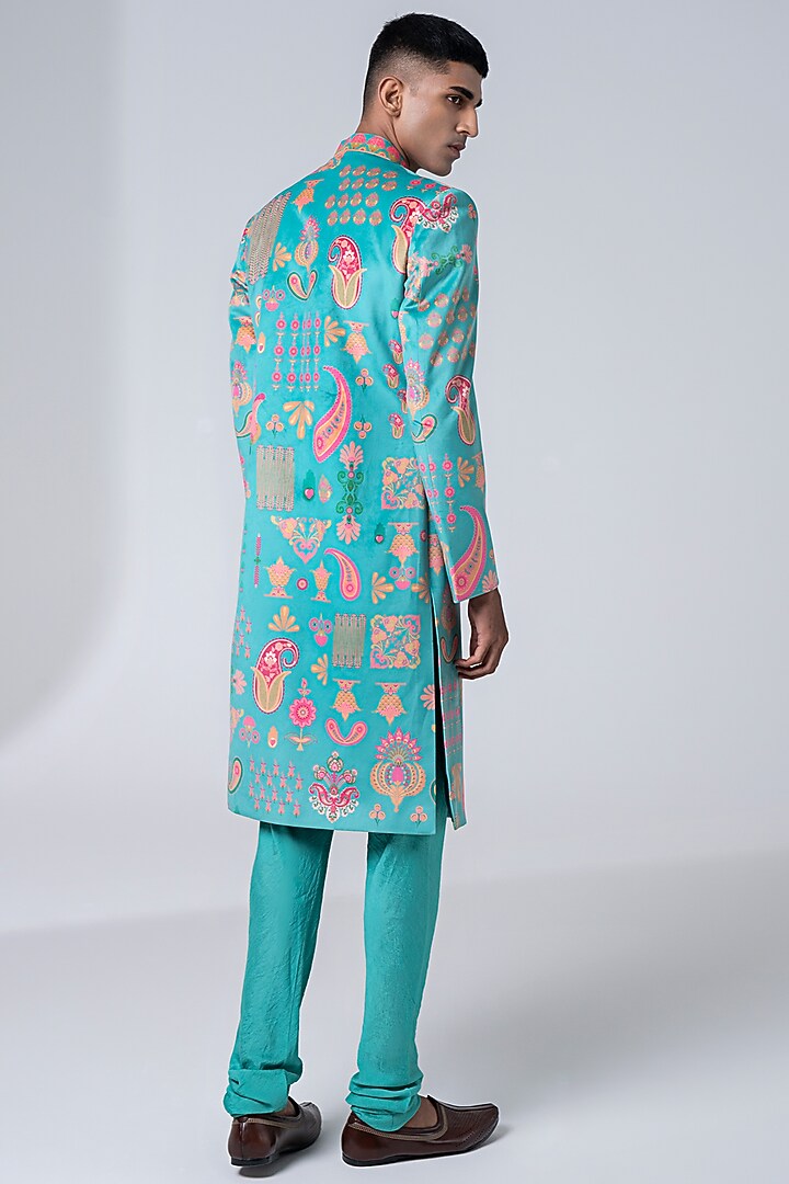 Sea Green Suede Velvet & Cotton Silk Printed Wedding Sherwani Set by Siddhartha Bansal Men at Pernia's Pop Up Shop