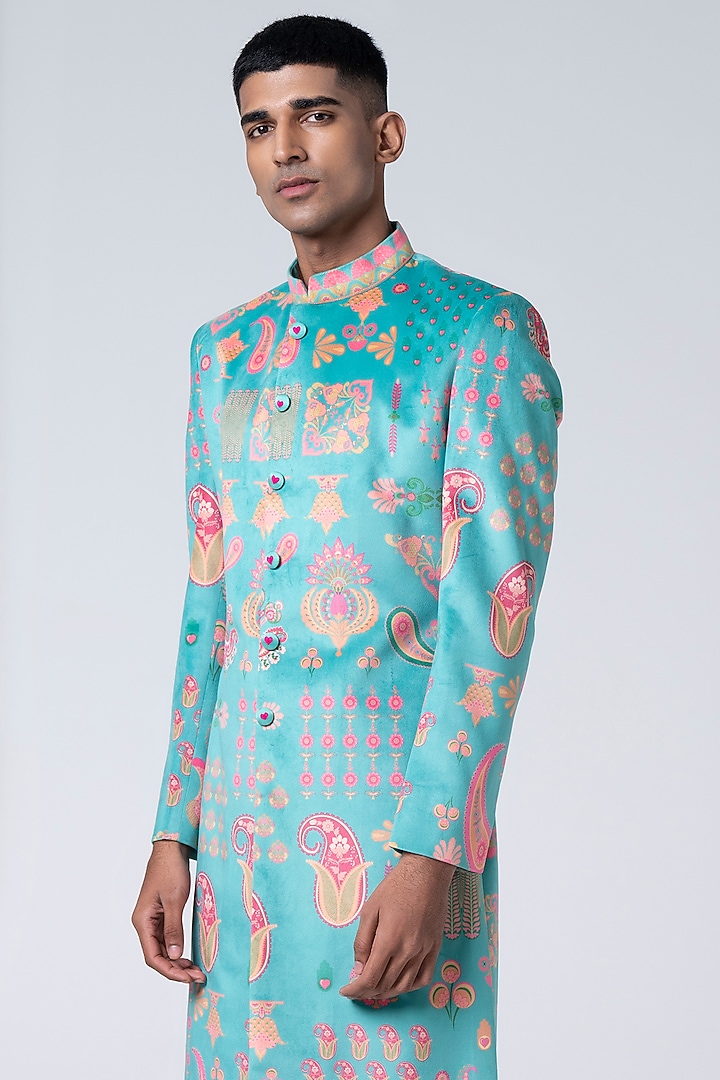 Sea Green Suede Velvet & Cotton Silk Printed Wedding Sherwani Set by Siddhartha Bansal Men at Pernia's Pop Up Shop