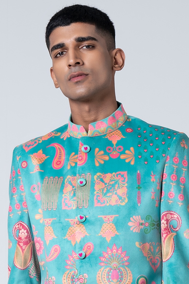 Sea Green Suede Velvet & Cotton Silk Printed Wedding Sherwani Set by Siddhartha Bansal Men at Pernia's Pop Up Shop