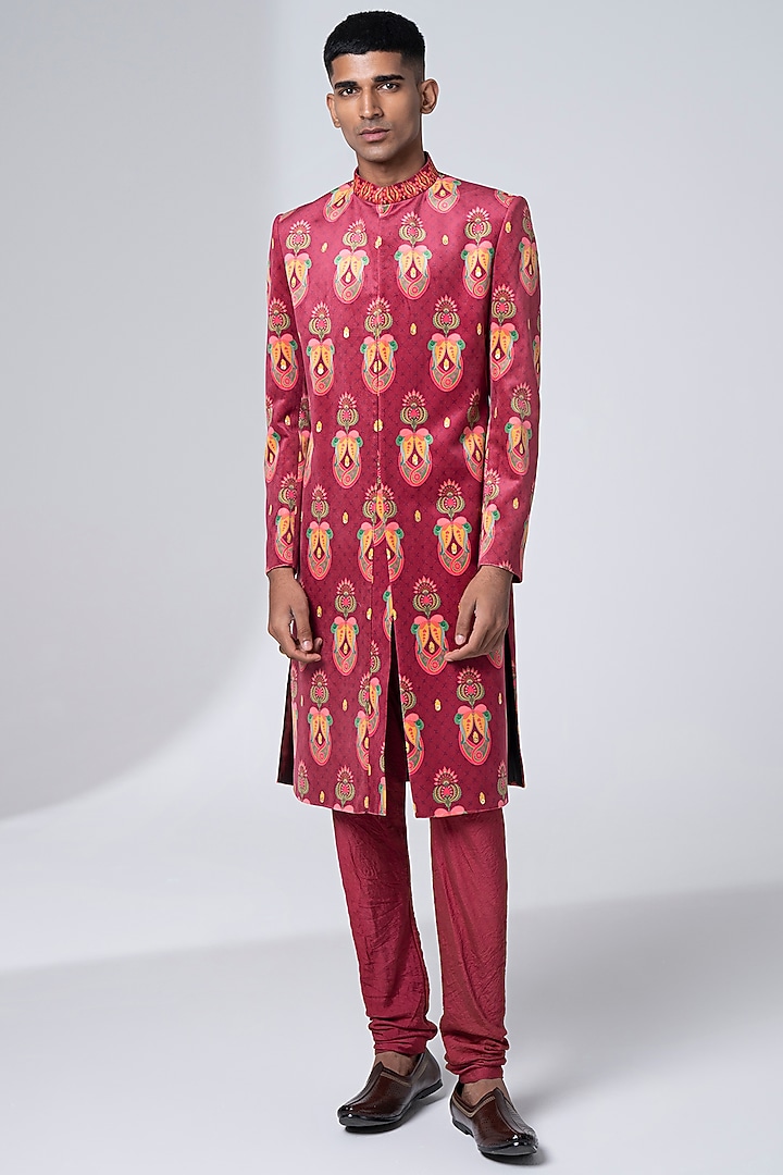 Royal Maroon Suede Velvet & Cotton Silk Printed Wedding Sherwani Set by Siddhartha Bansal Men at Pernia's Pop Up Shop