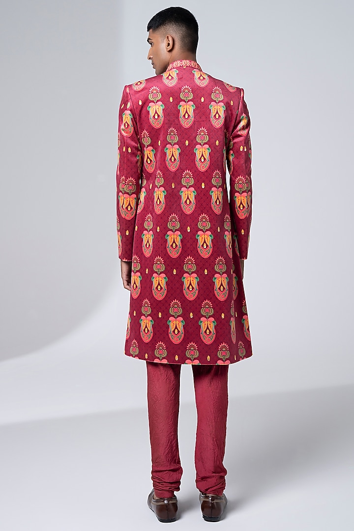 Royal Maroon Suede Velvet & Cotton Silk Printed Wedding Sherwani Set by Siddhartha Bansal Men at Pernia's Pop Up Shop