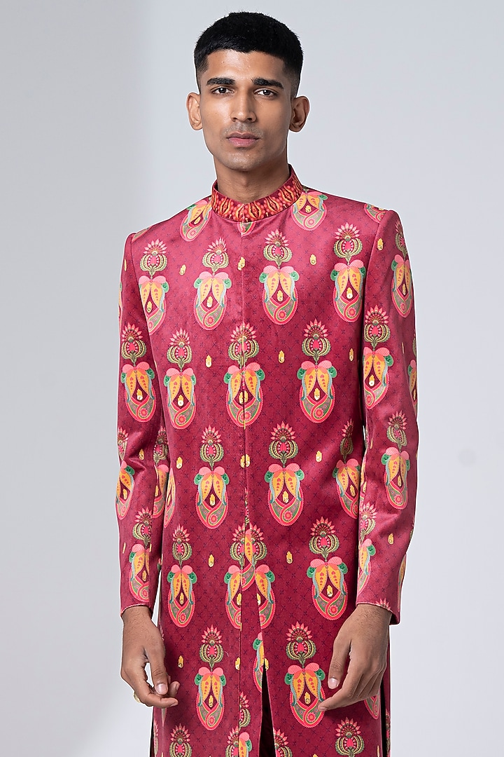 Royal Maroon Suede Velvet & Cotton Silk Printed Wedding Sherwani Set by Siddhartha Bansal Men at Pernia's Pop Up Shop