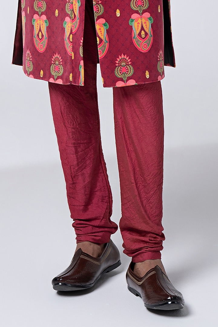 Royal Maroon Suede Velvet & Cotton Silk Printed Wedding Sherwani Set by Siddhartha Bansal Men at Pernia's Pop Up Shop