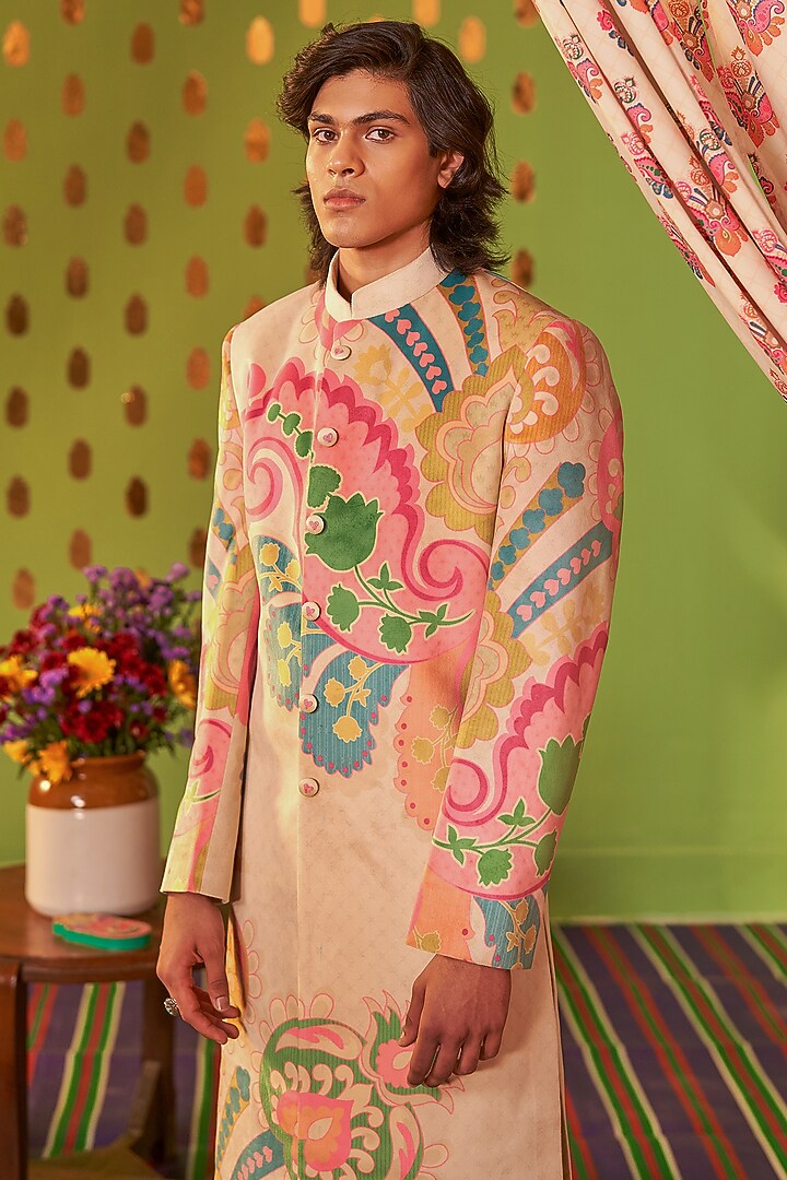 Blush Pink Suede Velvet & Cotton Printed Wedding Sherwani Set by Siddhartha Bansal Men at Pernia's Pop Up Shop