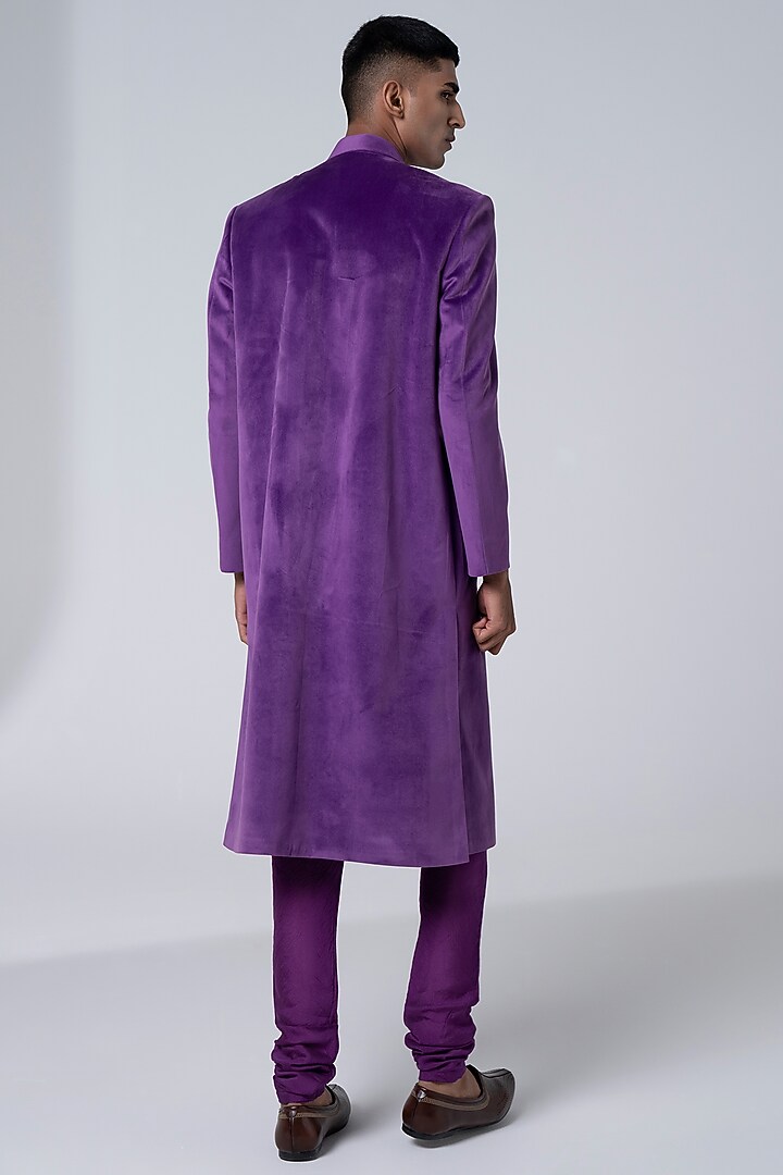 Purple Suede Velvet Wedding Sherwani Set by Siddhartha Bansal Men at Pernia's Pop Up Shop