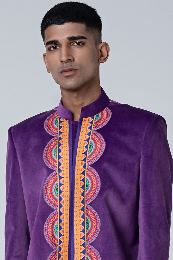 Purple Suede Velvet Wedding Sherwani Set by Siddhartha Bansal Men at Pernia's Pop Up Shop