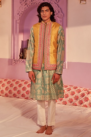 Lime Mustard Dupion Embroidered Bundi Jacket by Siddhartha Bansal Men