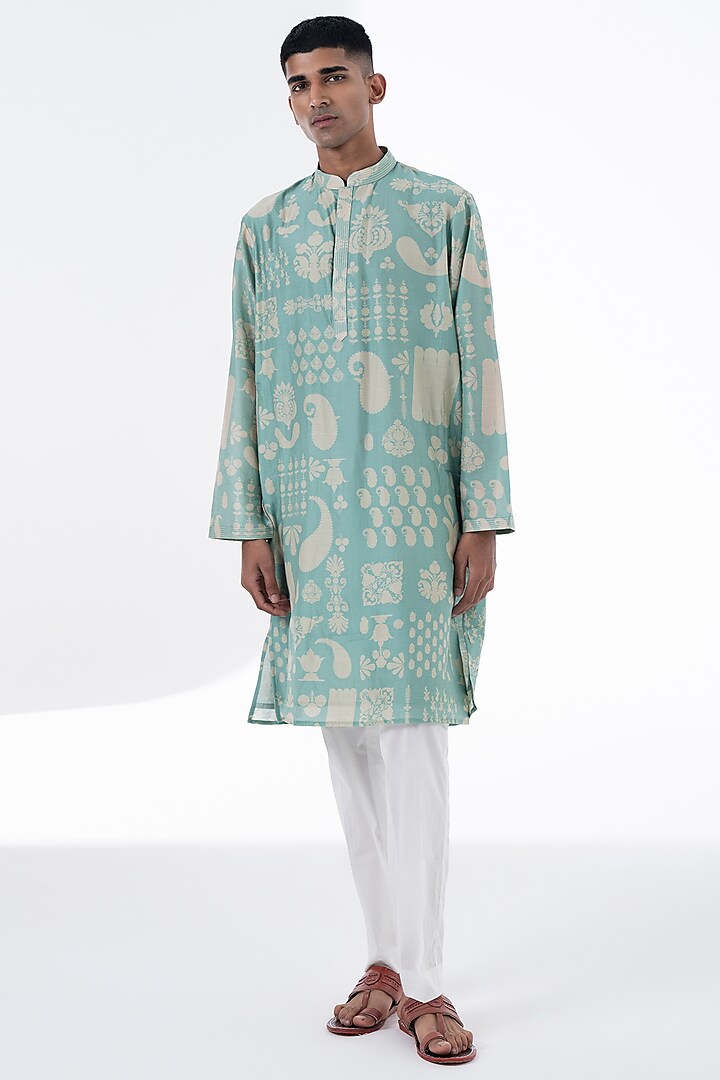 Sea Surf Chanderi Printed Kurta Set by Siddhartha Bansal Men