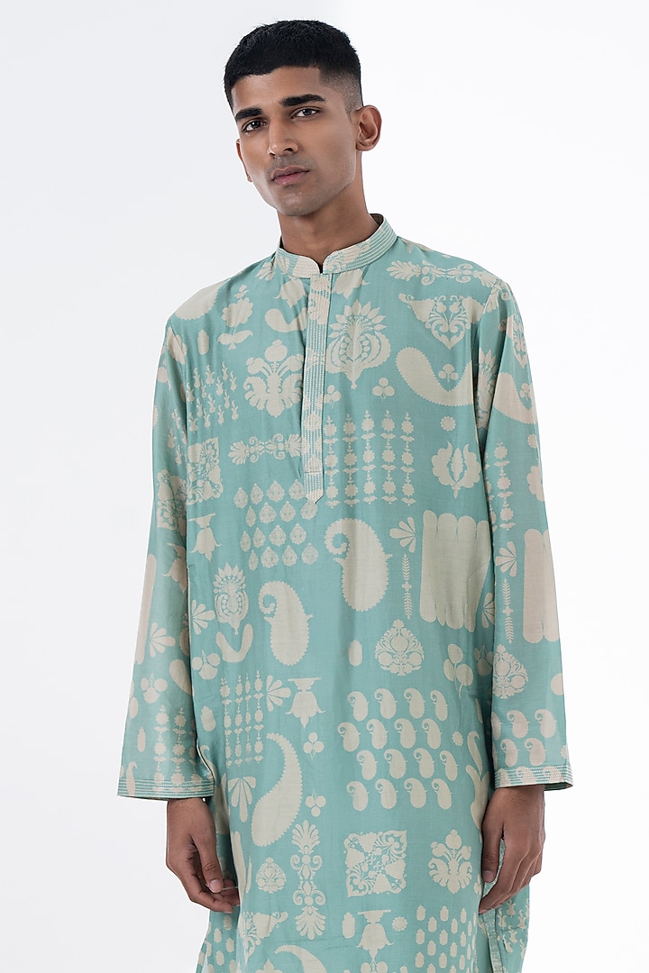 Sea Surf Chanderi Printed Kurta Set by Siddhartha Bansal Men at Pernia's Pop Up Shop