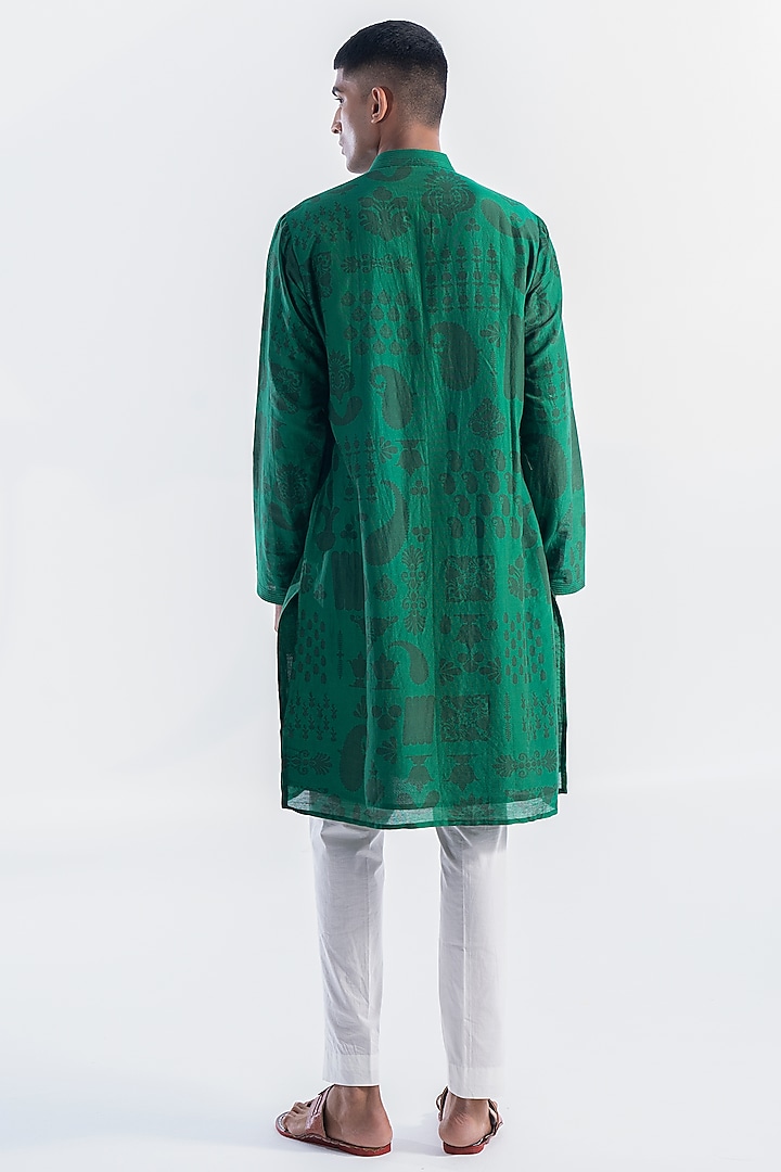 Emerald Chanderi & Cotton Printed Kurta Set by Siddhartha Bansal Men at Pernia's Pop Up Shop