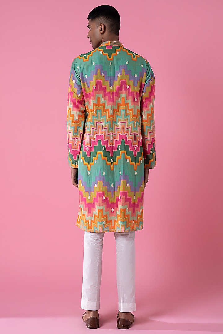 Multi-Colored Chanderi Chevron Printed Kurta Set by Siddhartha Bansal Men at Pernia's Pop Up Shop