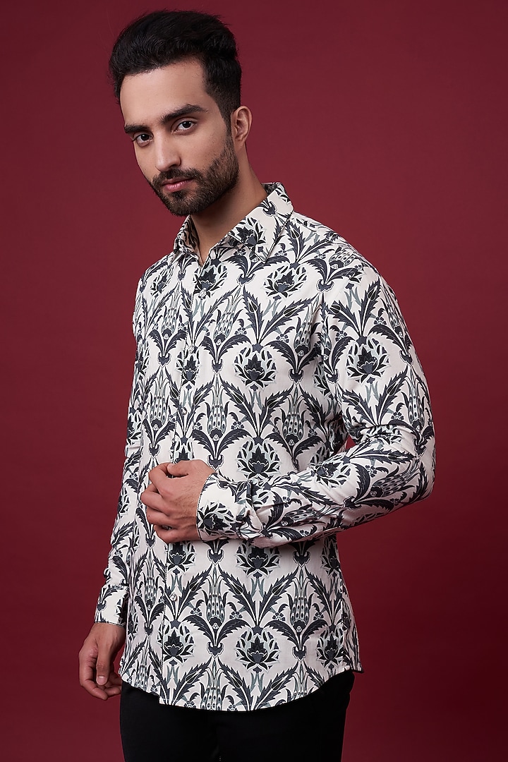 Charcoal Grey Cotton Satin Floral Digital Printed Party Wear Shirt by Siddhartha Bansal Men at Pernia's Pop Up Shop