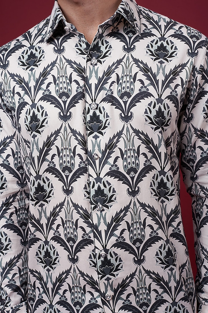 Charcoal Grey Cotton Satin Floral Digital Printed Party Wear Shirt by Siddhartha Bansal Men at Pernia's Pop Up Shop