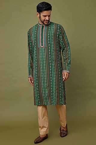 Emerald Green Viscose Striped Printed Kurta by Siddhartha Bansal Men