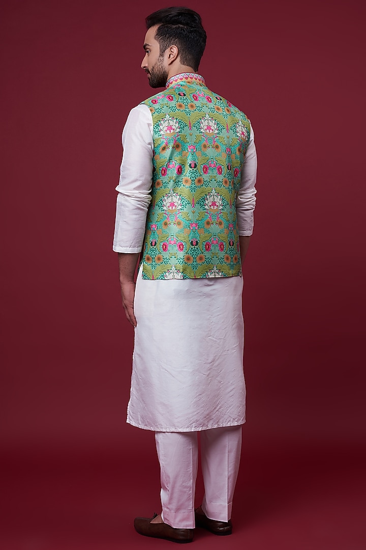Green Dupion Digital Printed Bundi Jacket by Siddhartha Bansal Men at Pernia's Pop Up Shop