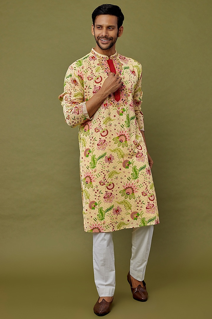 Yellow Viscose Striped Printed & Embroidered Kurta by Siddhartha Bansal Men at Pernia's Pop Up Shop