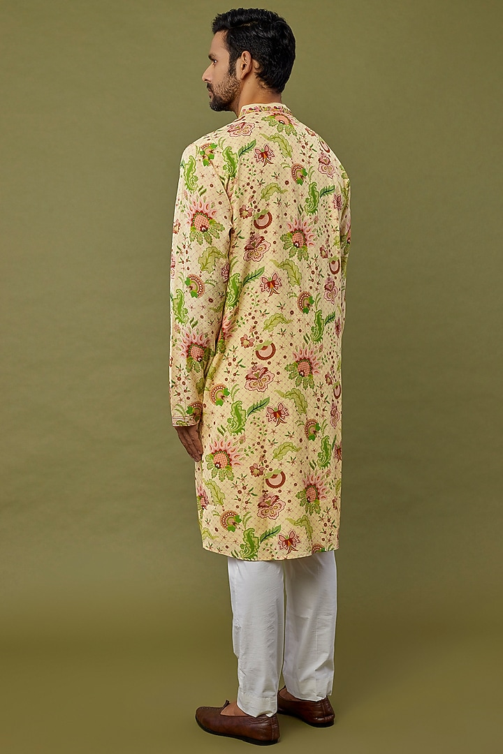 Yellow Viscose Stripe Digital Printed & Embroidered Kurta by Siddhartha Bansal Men at Pernia's Pop Up Shop