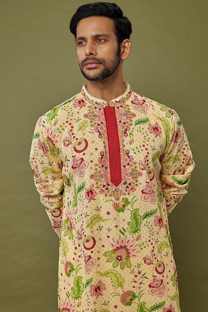 Yellow Viscose Stripe Digital Printed & Embroidered Kurta by Siddhartha Bansal Men at Pernia's Pop Up Shop