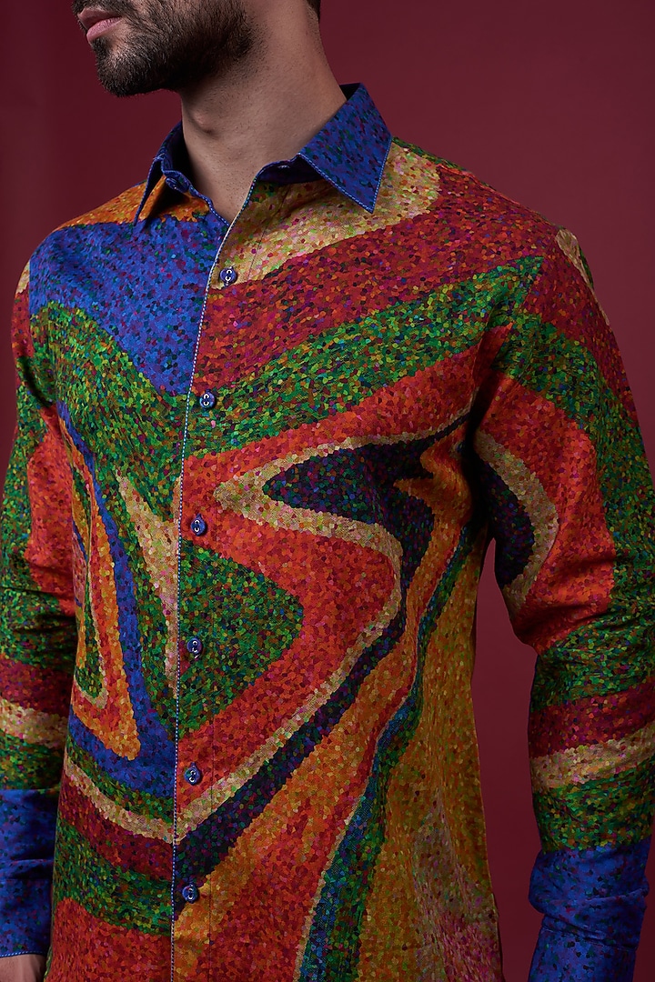 Multi-Colored Cotton Satin Digital Printed Party Wear Shirt by Siddhartha Bansal Men at Pernia's Pop Up Shop
