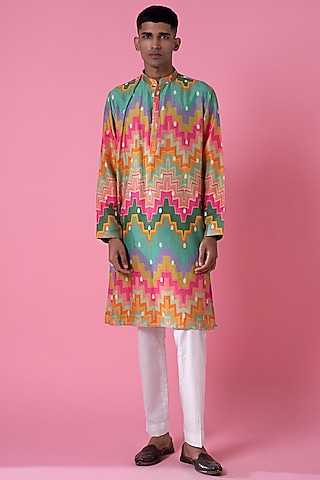 Multi-Colored Chanderi & Cotton Chevron Printed Kurta by Siddhartha Bansal Men