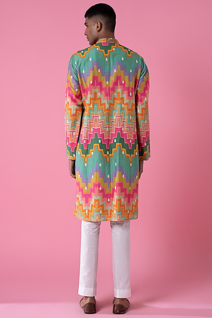 Multi-Colored Chanderi & Cotton Chevron Printed Kurta by Siddhartha Bansal Men at Pernia's Pop Up Shop