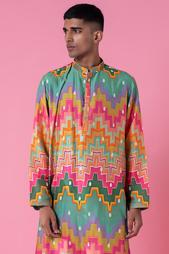 Multi-Colored Chanderi & Cotton Chevron Printed Kurta by Siddhartha Bansal Men at Pernia's Pop Up Shop