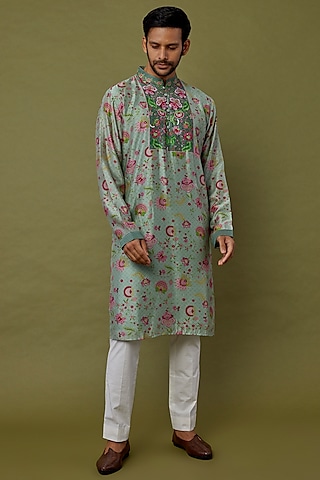 Mint Green Cotton Chanderi Printed & Embroidered Kurta by Siddhartha Bansal Men