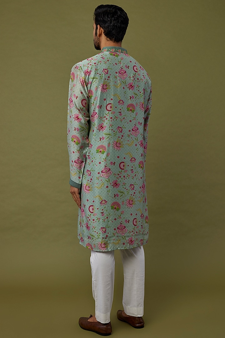 Mint Green Cotton Chanderi Printed & Embroidered Kurta by Siddhartha Bansal Men at Pernia's Pop Up Shop