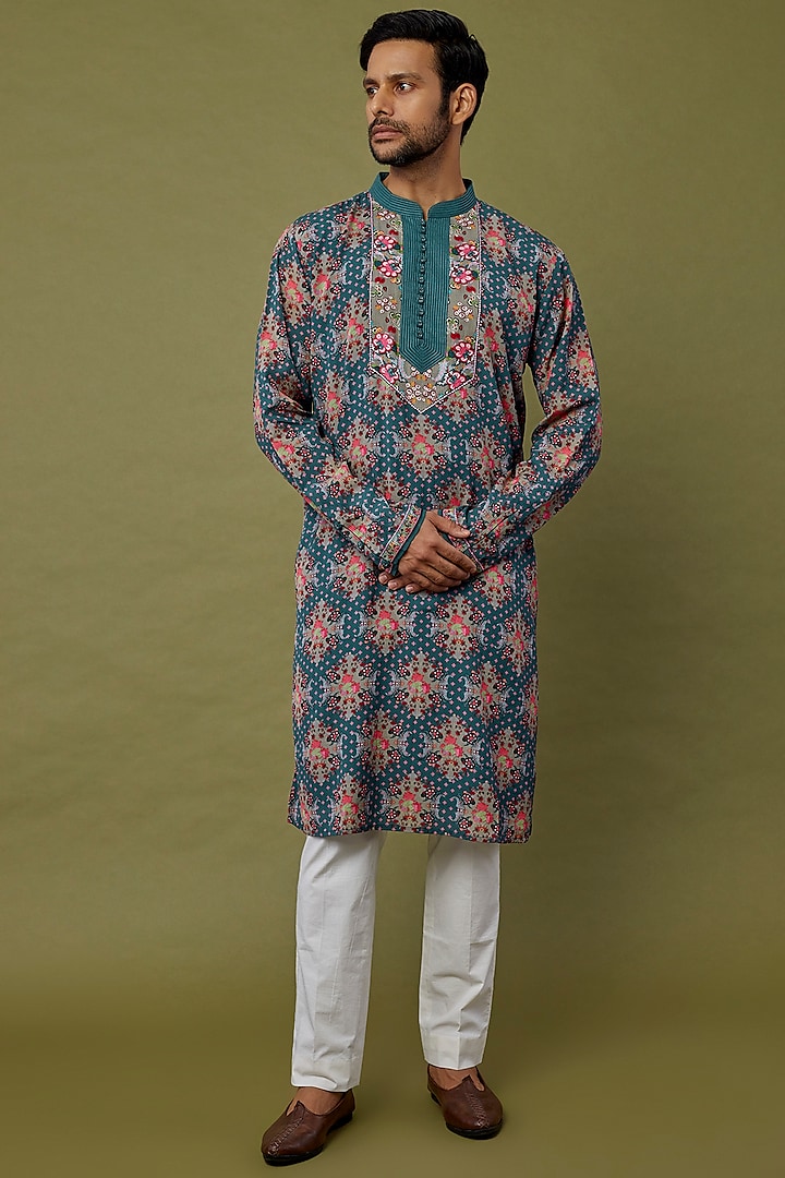 Blue & Grey Digital Printed Kurta by Siddhartha Bansal Men