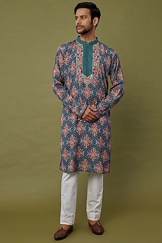 Blue & Grey Digital Printed Kurta by Siddhartha Bansal Men