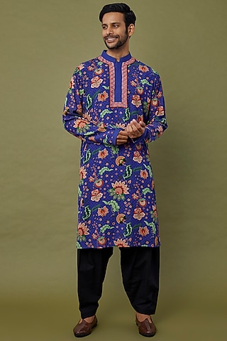 Cobalt Blue Viscose Striped Printed & Embroidered Kurta by Siddhartha Bansal Men
