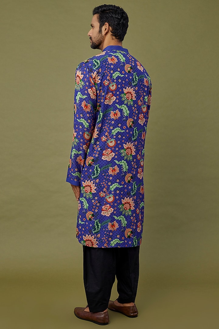 Cobalt Blue Viscose Striped Printed & Embroidered Kurta by Siddhartha Bansal Men at Pernia's Pop Up Shop