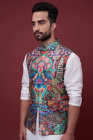 Brown Dupion Digital Printed Bundi Jacket by Siddhartha Bansal Men